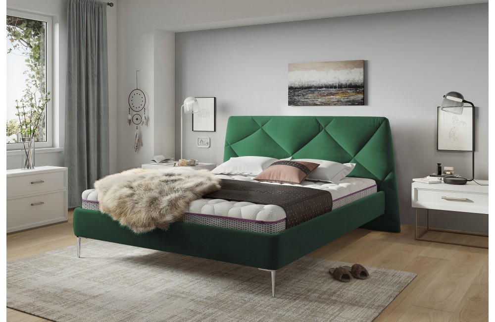 Zielone łóżko tapicerowane na nóżkach DAVOS Comforteo