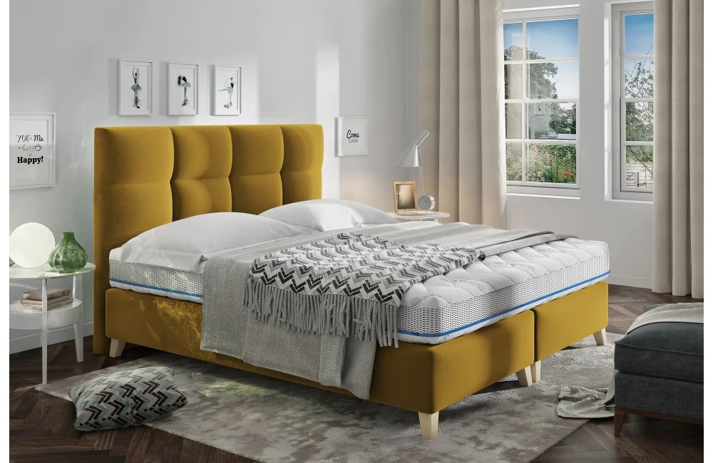 Łóżko tapicerowane MONA w musztardowym kolorze tkaniny