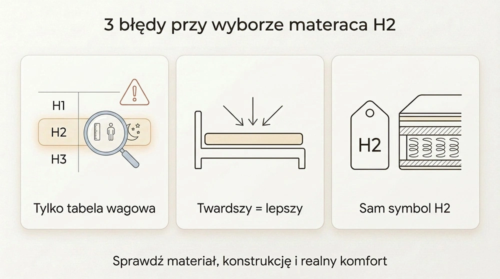 Infografika pokazująca trzy najczęstsze błędy przy wyborze materaca H2