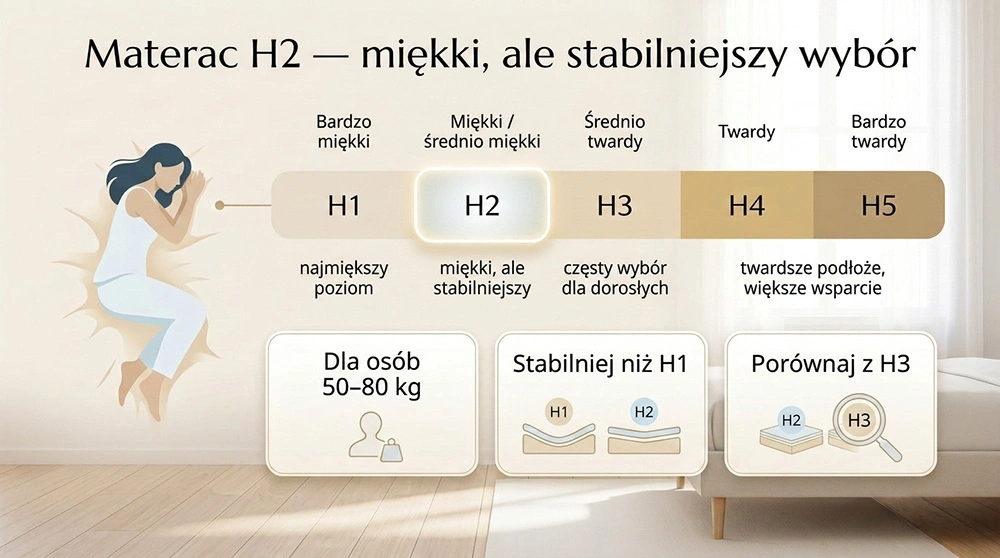 Infografika pokazująca materac H2 jako miękki i stabilniejszy poziom w skali twardości H1–H5