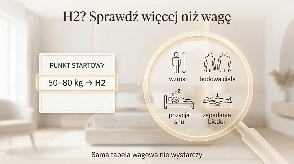 Infografika pokazująca, że przy wyborze materaca H2 liczy się waga, wzrost, budowa ciała i pozycja snu