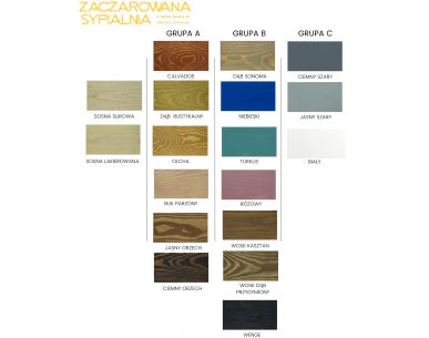 Paleta możliwych kolorów bejc wodnych ekologicznych do łóżka piętrowego Indiana